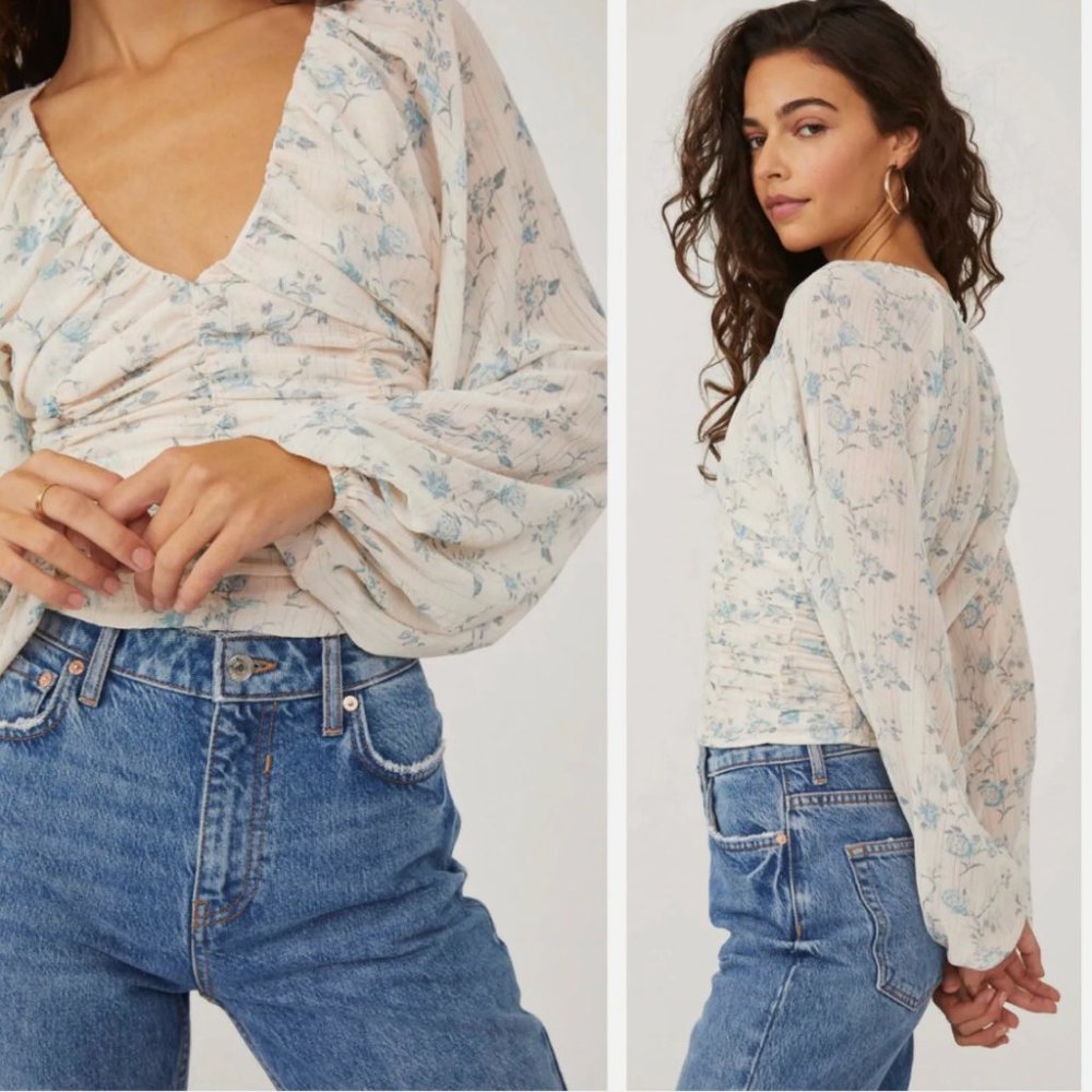 Free People Ivory Floral Ruched V-Neck Blouse